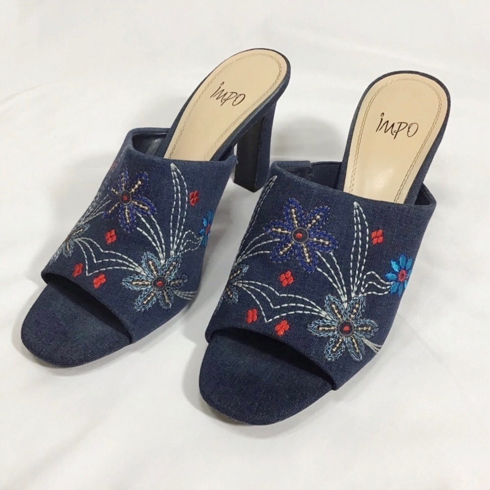 Impo Size 10 Heels Talent Mule Shoes Denim Embroidery Floral Cowgirl Blue
